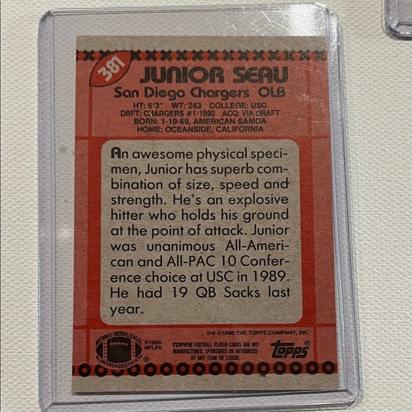 1990 Topps (RC) Junior Seau & Passing Leaders Montana/Esiason DISCLAIMER cards - Picture 2 of 7